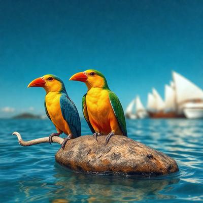 The primary subject of the image is two colorful birds, possibly parrots, perched on a rock in the water. The birds are positioned close to each other, creating a sense of companionship. The setting is a serene body of water, with a few boats visible in the background. The visual style of the image is a combination of photo and digital art, giving it a unique and vibrant appearance. The colors and mood of the image are lively and cheerful, with the birds' vibrant colors